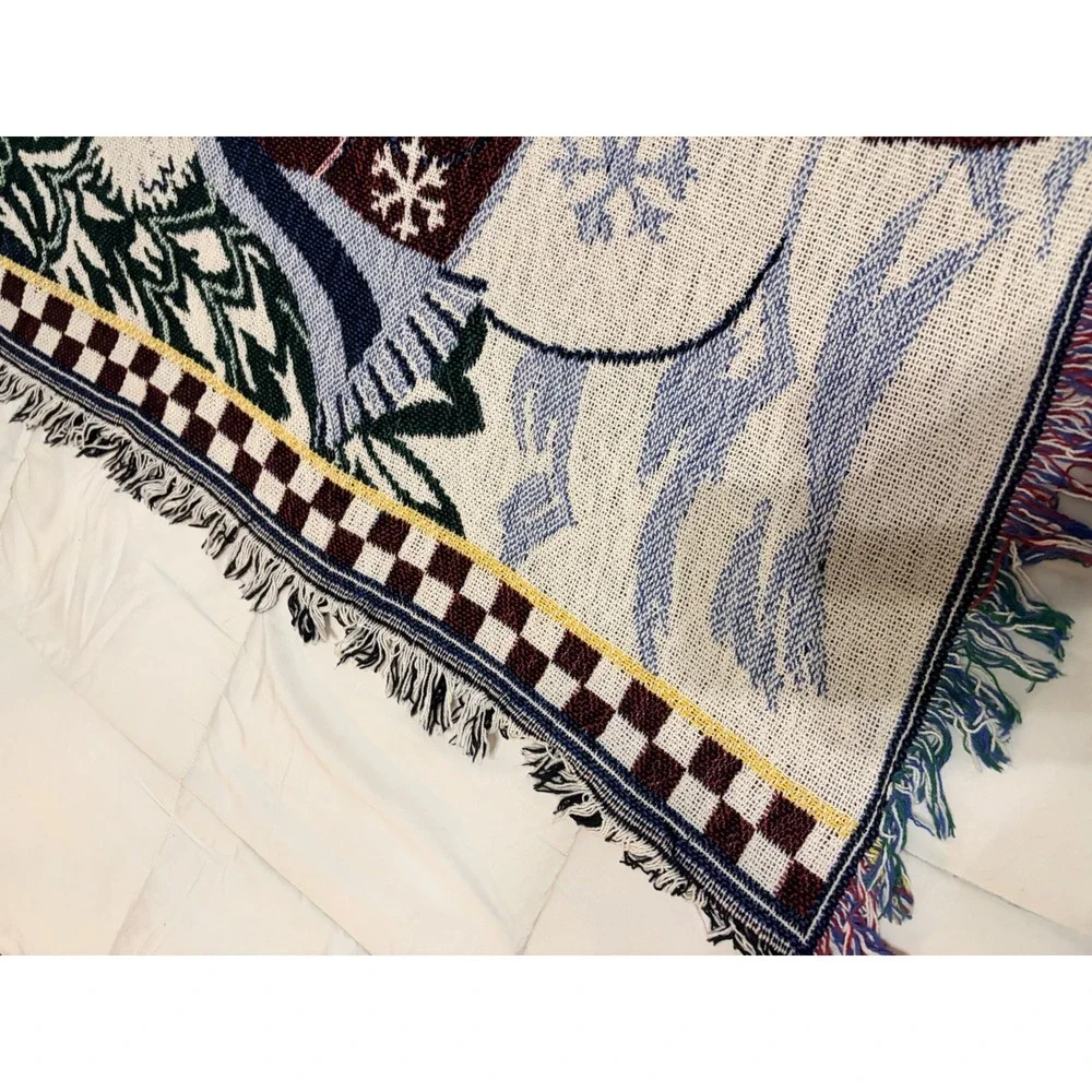 Vintage‎ Snowman Woven Tapestry Throw Blanket Afghan Christmas Fringe 48x38